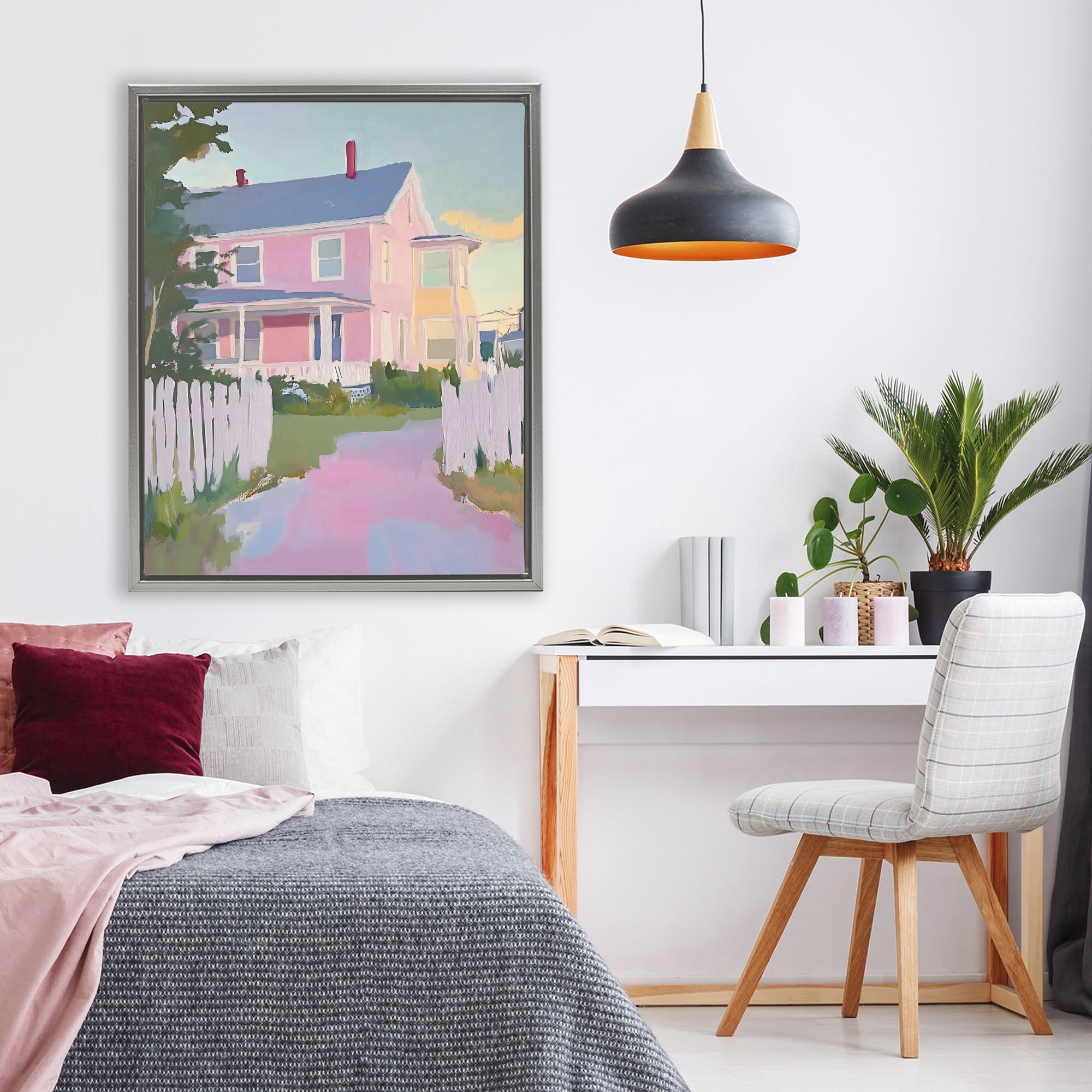 Stupell Industries Pastel Pink House with Fence Gray Framed Floater Canvas Wall Art, design by The Prints Vibe