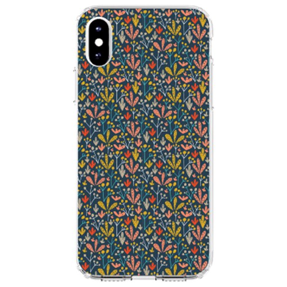 DistinctInk Clear Shockproof Hybrid Case for iPhone X / XS (5.8" Screen) - TPU Bumper, Acrylic Back, Tempered Glass Screen Protector - Modern Floral - Navy Yellow Teal