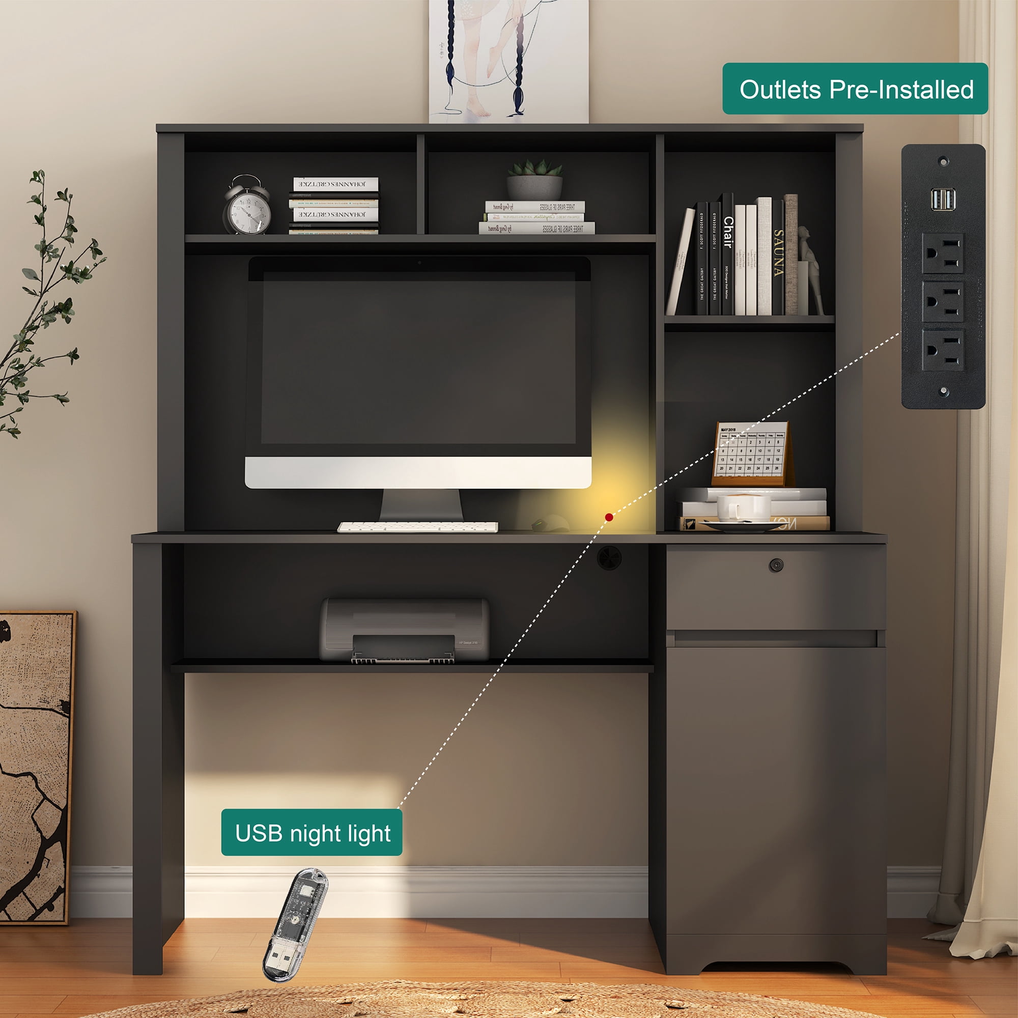 Wood Executive Desk with Hutch Charging Station and Lockable Drawer
