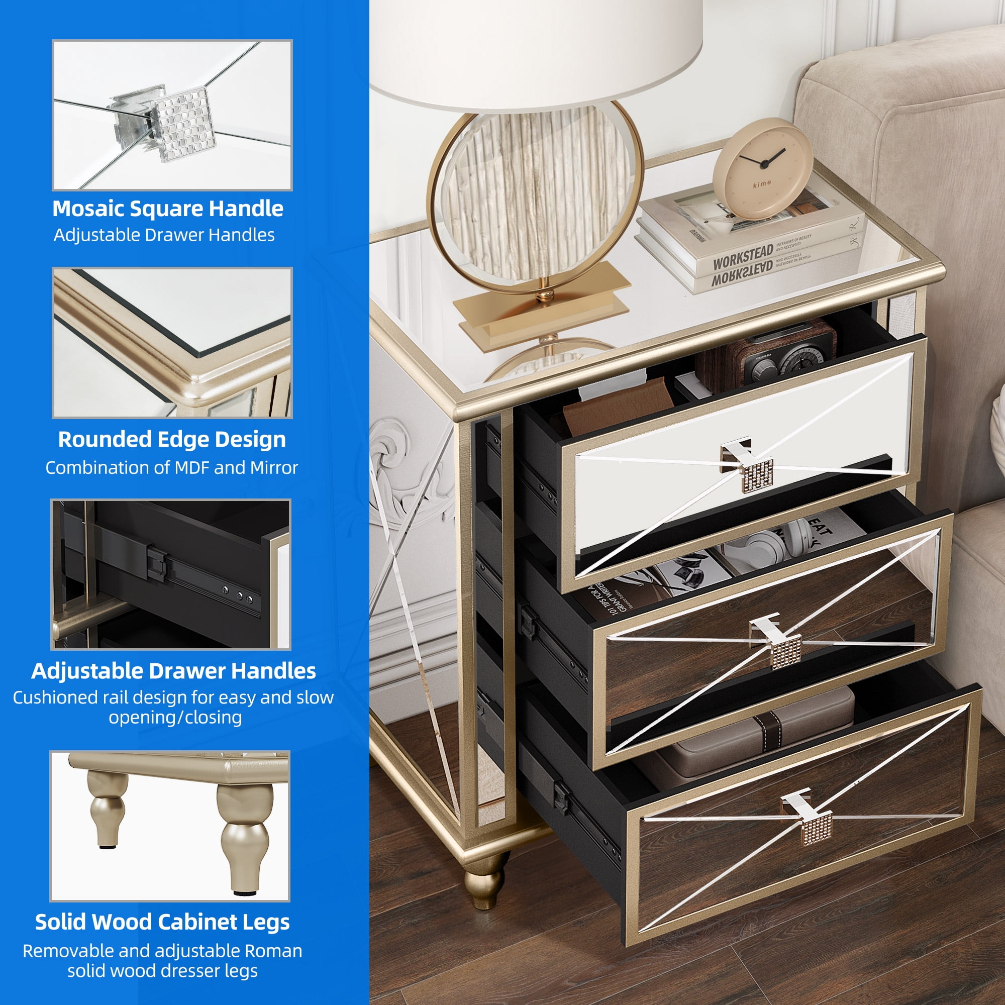 Dextrus Mirrored 3-Drawers Dressers with Wood Legs, Mirrored End Table Nightstand, Gold