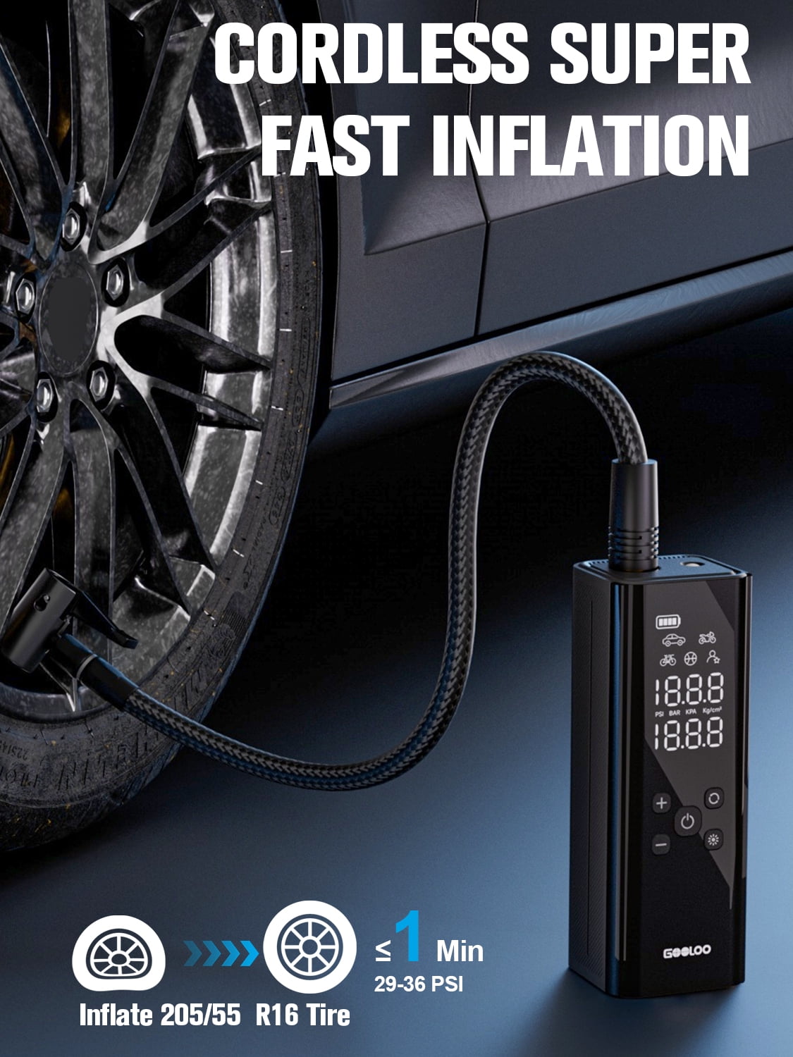 GOOLOO GT150 Cordless Tire Inflator, 7500mAh 150 PSI Air Compressor, Digital Pressure Gauge, Auto Shut-Off, Emergency LED Light, Compact Air Pump for Car & Bike