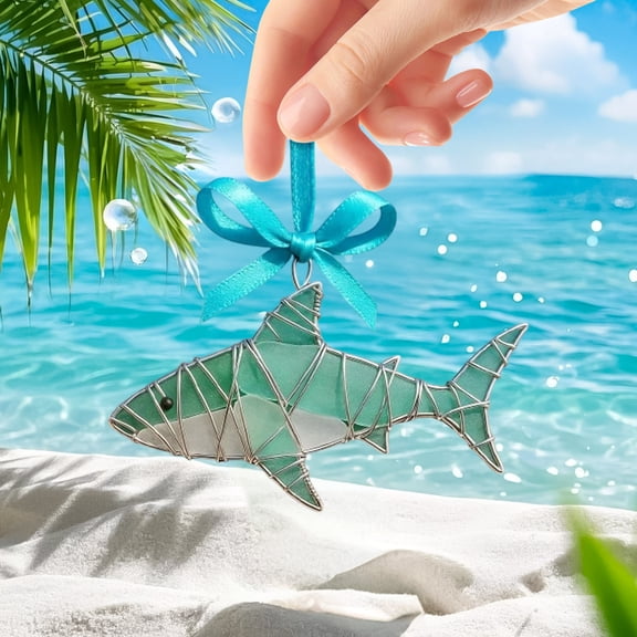 Sulaicai Handmade Sea Glass Ocean Ornament, 3D Coastal Christmas Tree Hanging Decor, Ocean-Inspired Memorial Hanging Decoration, Unique Gift for Beach Lovers (Shark)