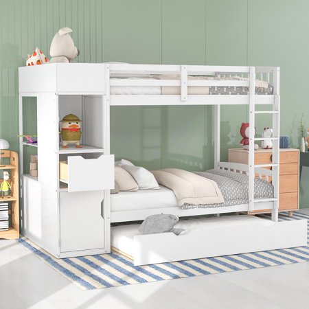 Modern Twin Size Bunk Bed with Attached Multifunctional Locker and Trundle  3-in-1 Design Solid Wood Bunk Bed Frame with Safety Guardrail and Ladder  Maximized Space  Bedroom Dorm Furniture  White