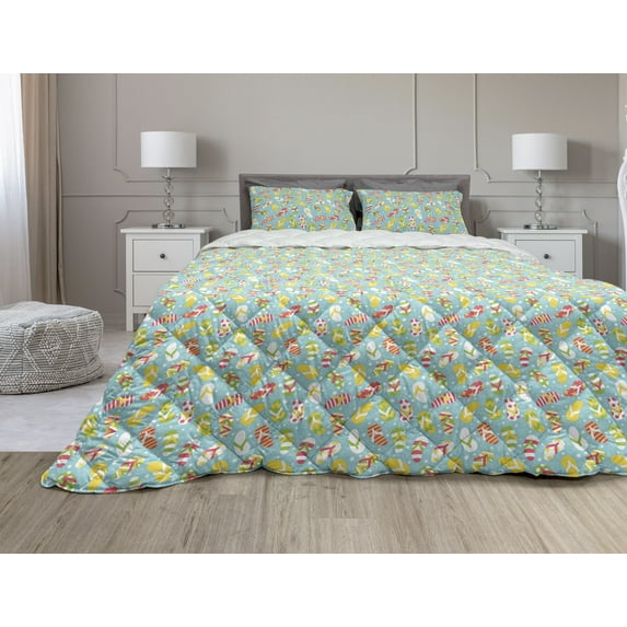 Flip Flop Comforter & Sham Bedding Set, Colorful and Different Patterned Double Pluggers on Star Filled Blue Backdrop, 3 pcs Duvet Set Microfiber Filling Quilt, 5 Sizes, Multicolor, by Ambesonne