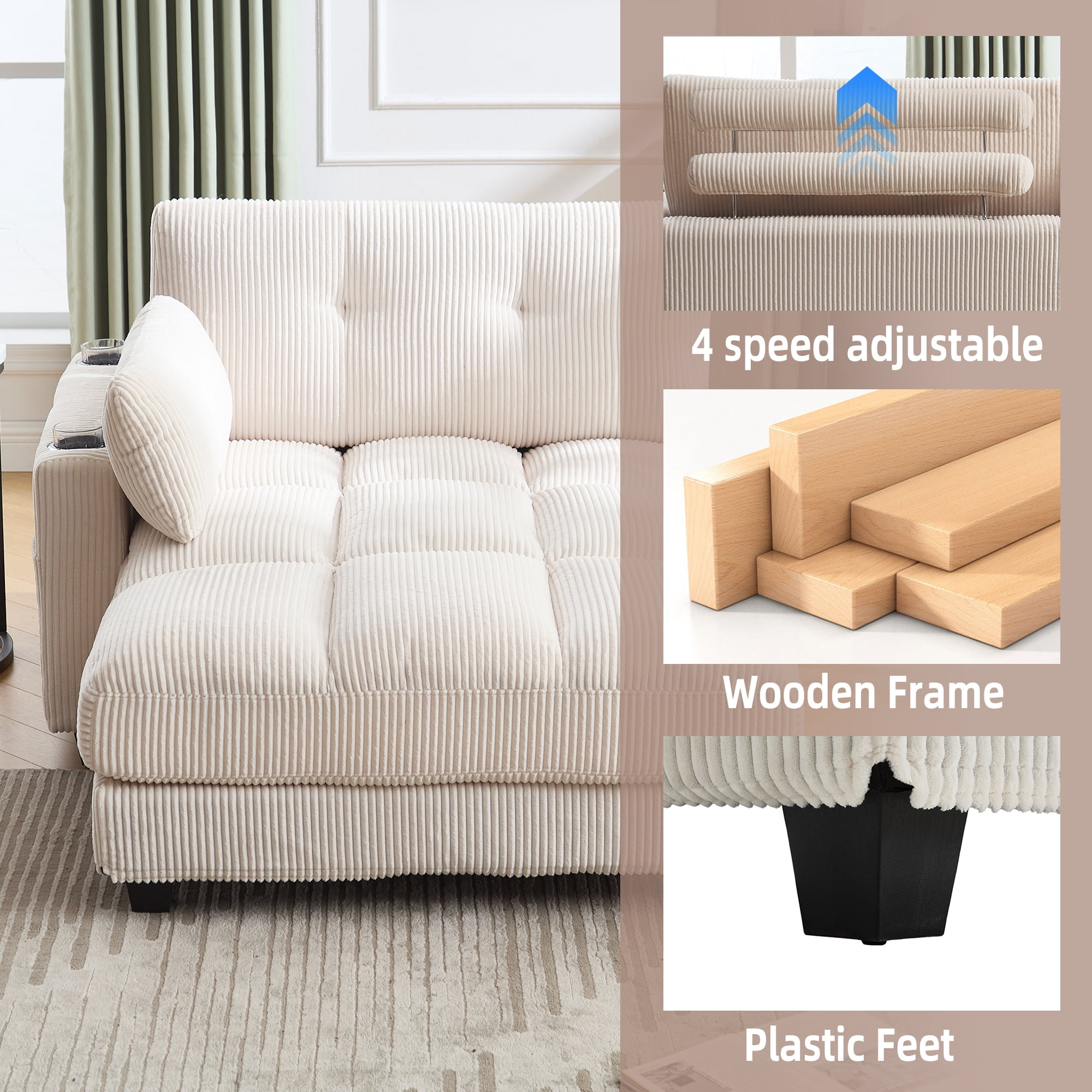 MOONMISS Corduroy Upholstered Soft Deep Seat Sleeper Sofa with USB,TYPE-C&2 Cup Holders-Beige
