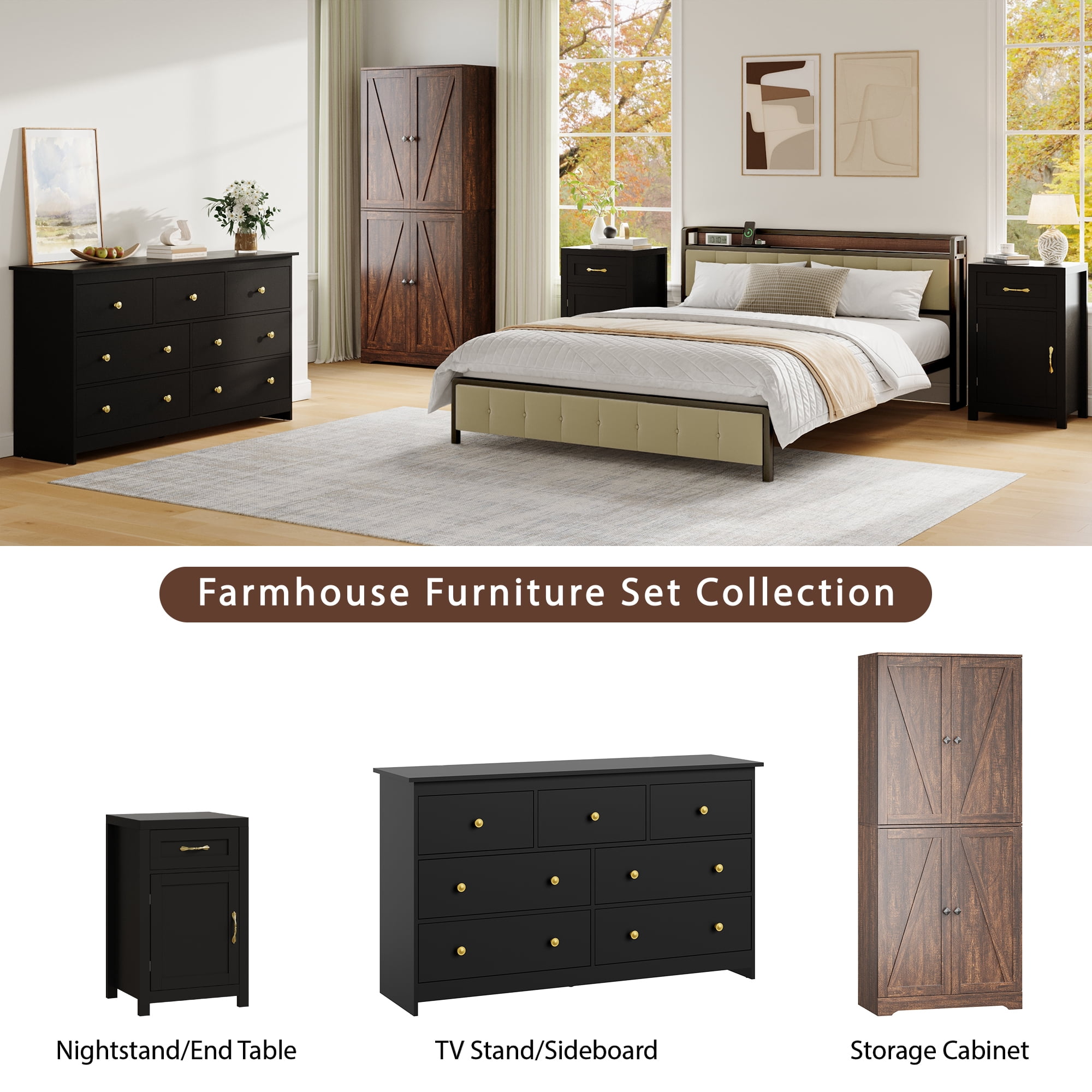 YouTrend 72'' Farmhouse Kitchen Pantry Cabinet with 4 Barn Doors,Storage Cabinet W/ 4 Shelves for Living Room,Kitchen,Bathroom,Brown