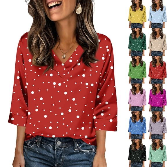 AHMOMEI Women's Silk Satin Blouse Dressy Polka Dots Womens Shirts 3/4 Sleeve V Neck Spring Summer Womens Tunic Top
