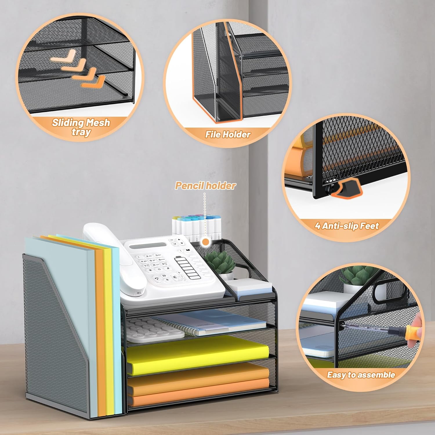 4 Tier Paper Letter Tray File Organizer, Mesh Desk File with Handle, Workspace Desk Organizers with Pen Holder, Office Organization Storage Accessories - Black