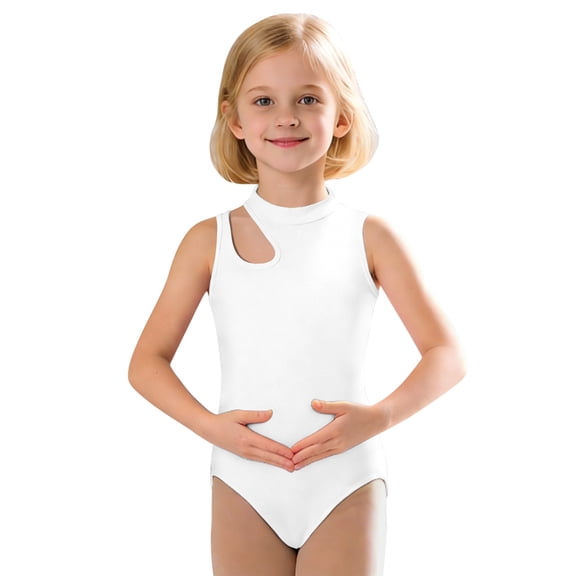Curuila Children Girls Romper Sleeveless Crew Neck Solid Color Dance Summer Performance Casual Comfort Bodysuits White Size 7-8 Years