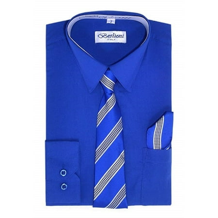 Berlioni Boy's Dress Shirt, Necktie, and Hanky Set - Many Color and Pattern combinations Royal Blue