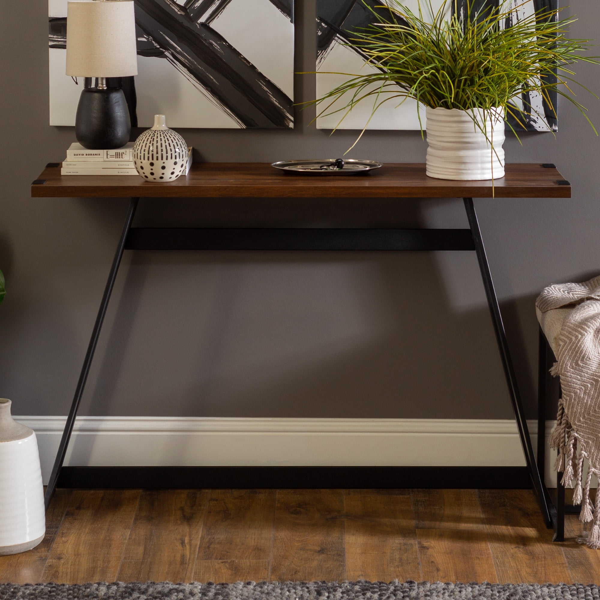 Walker Edison Rustic Wood and Metal Entryway Table, Dark Walnut