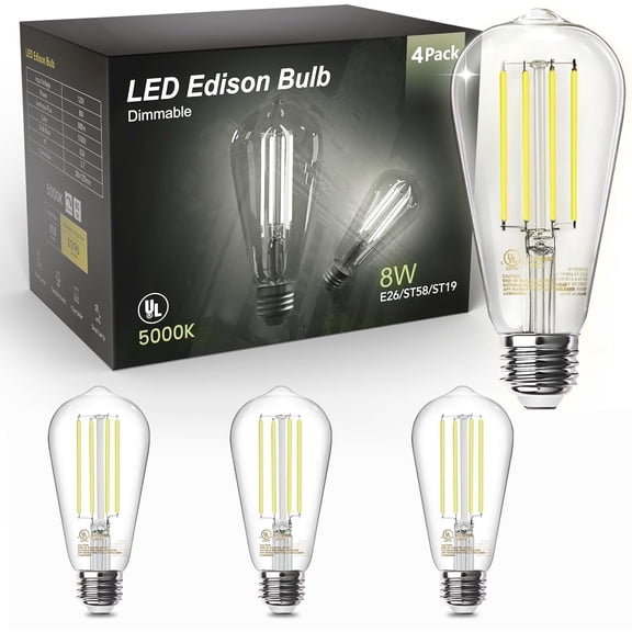 DAYBETTER 4 Pack Vintage ST58 LED Edison Bulbs, E26 60W Equivalent Dimmable Light Bulbs, 800LM 5000K Daylight Clear Glass Antique Filament Bulbs for Home