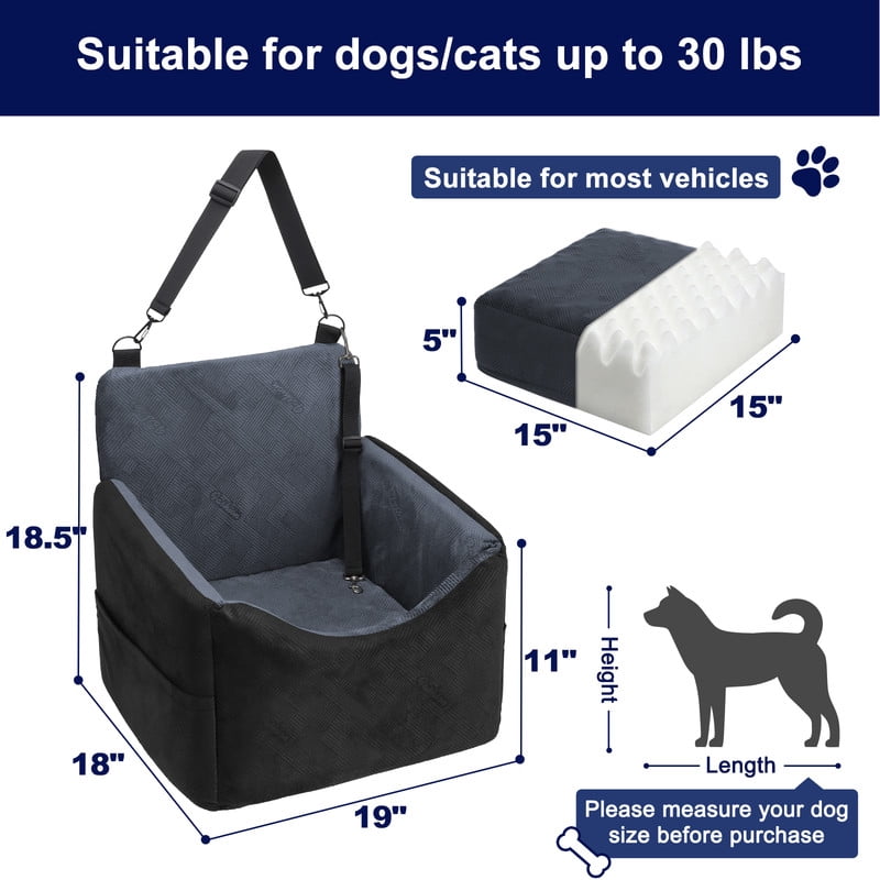 Dog Booster Car Seat for Small/Medium Dogs, Washable Dog Car Seats with Detachable Cover, Memory Foam Puppy Car Seat, Portable Pet Car Seat, Safety Belts, Storage Pockets, up to 30 lbs, Medium(Black)