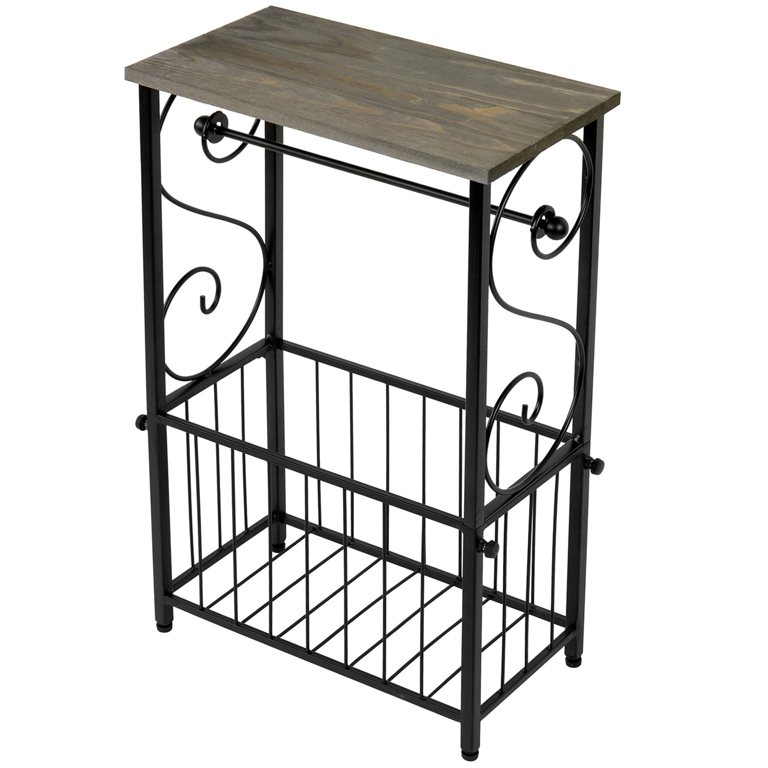 MyGift Toilet Paper Roll Holder Stand and Magazine Organizer Rack with Gray Solid Wood Display Shelf, Freestanding Bathroom Storage, Scrollwork Black Metal