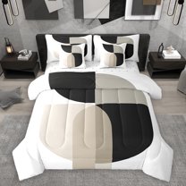 Homewish Boho Geometric Circle 7-Piece Twin Bedding Sets,Abstract Square Bedding Comforter Set,White Black Brown Sheet Sets For Adults,Microfiber Bedroom Decor
