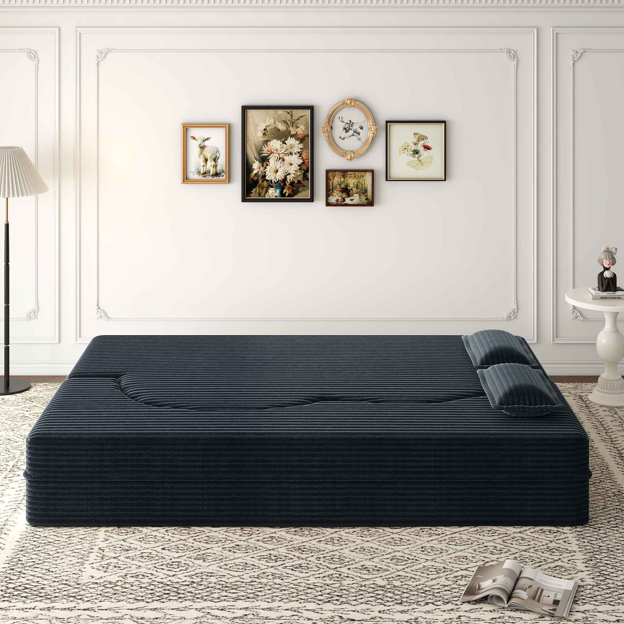 Lunale Full Size Convertible Sofa Bed, Boneless Cloud Couch, Folding Floor Sleeper Sofa for Living Room, Dark Gray Corduroy