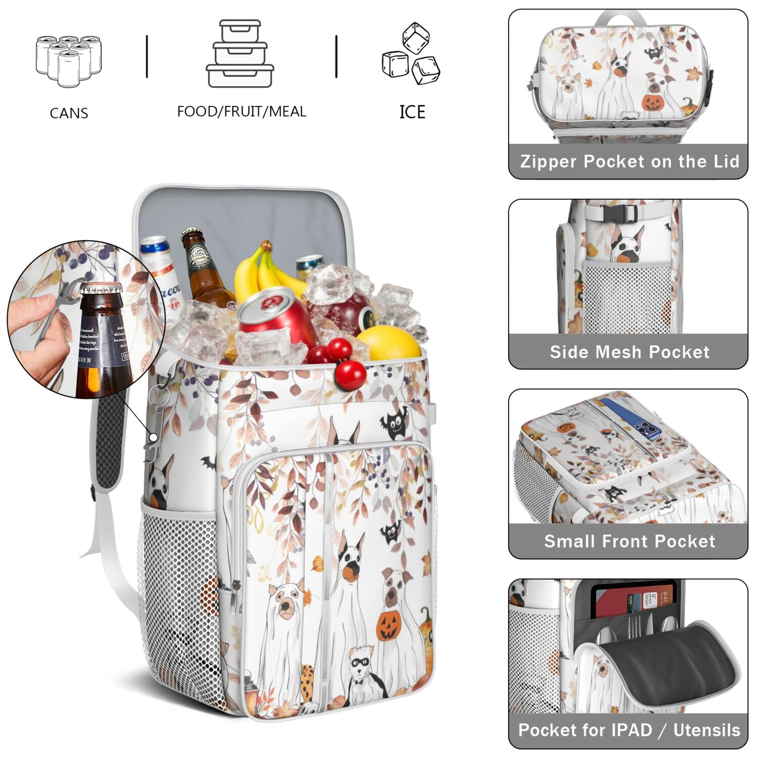 Travel Cooler Bag - Halloween Dogs in Ghost Costumes Camping Beer Cooler Backpack with Bottle Opener- Waterproof Insulated Picnic Backpacks - Cooler Bag for Beach