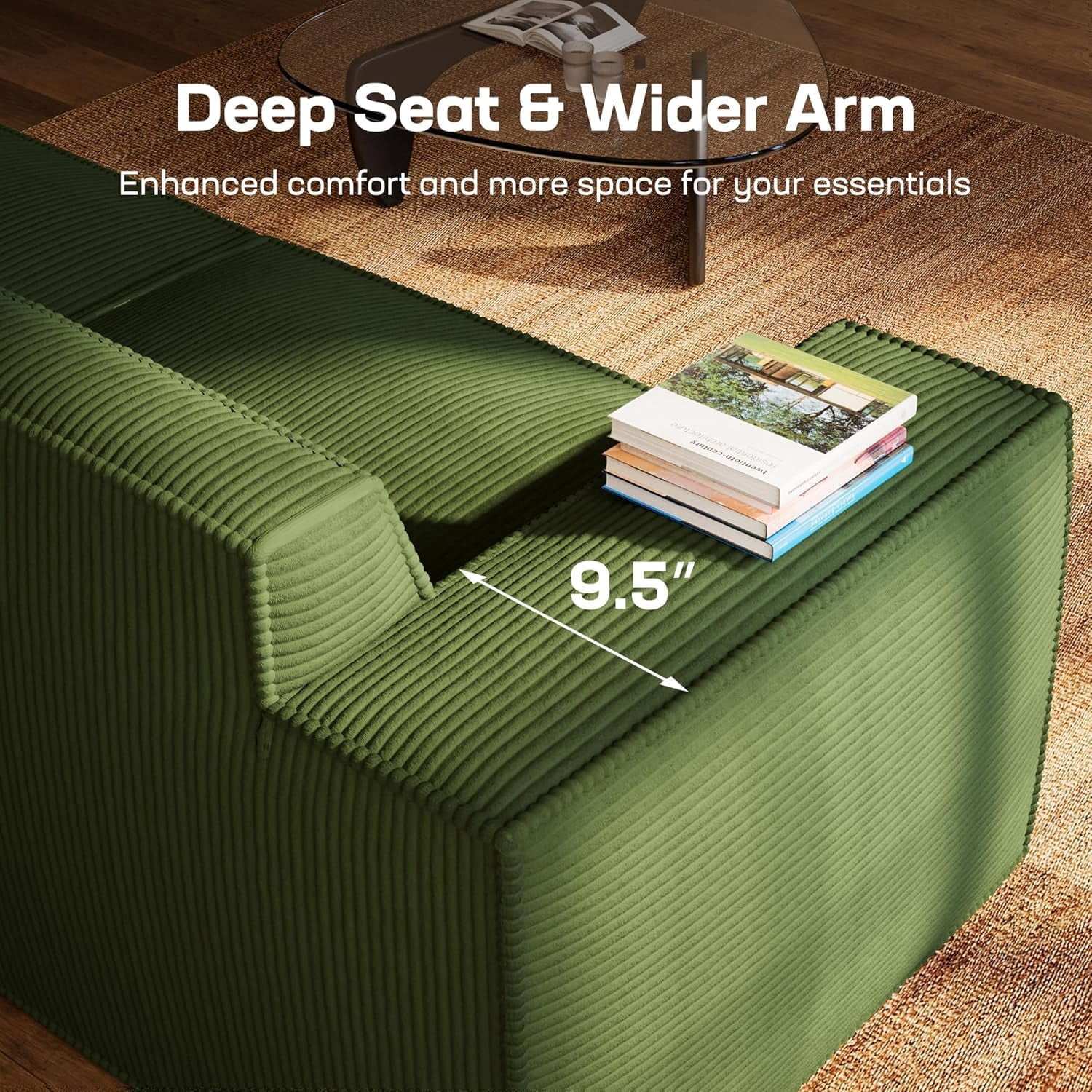 CHITOOMA Modular Sectional Couch, 111" Corduroy Cloud Couches with Deep Seats and High-Back Design, 3-Seater Sofa for Living Room, No Assembly Required, Green