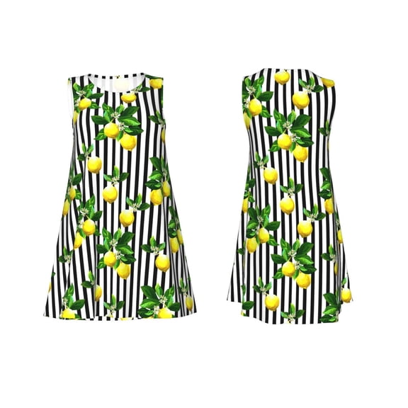 Horeoi Lemons on Striped Print Women's Sleeveless Dress Cotton-like Flared Hem Deep Side Pockets Above-Knee