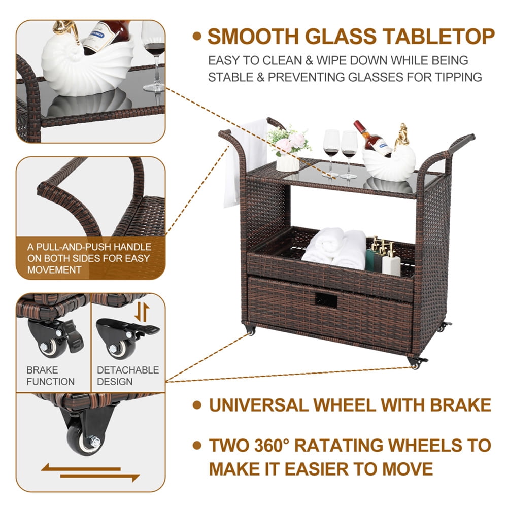 Outdoor Rolling Wicker Bar Cart Sideboard On Wheels with Ice Bucket and Storage Compartments Brown Outdoor Rolling Wicker Bar Cart Sideboard On Wheels with Ice Bucket and Storage Compartments Brown