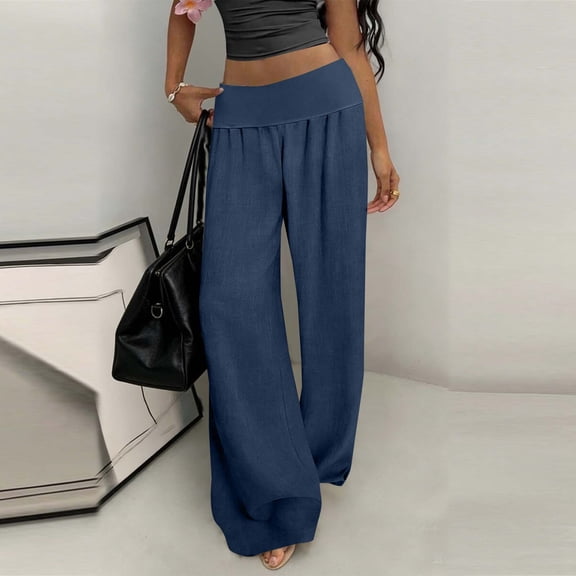 Fewfanhot Pants for Women Wide Leg Linen Pants Low Rise Foldover Casual Lounge Pants Vacation Trousers