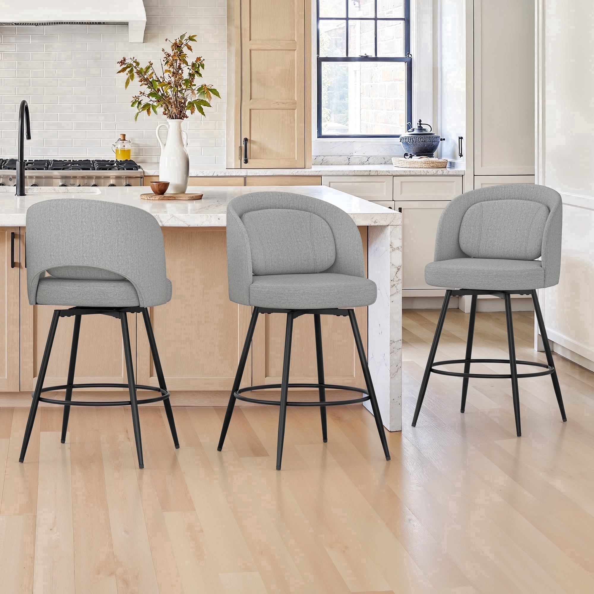 Carolayne 26.5" Swivel Bar Stools Set of 3, Modern Fabric Counter Height Bar stools with Back & Removable Cushion for Kitchen Island, Linen Grey