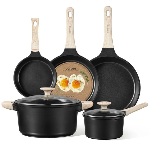 Carote Nonstick Cookware Set 7-Piece,Kitchen Pots and Pans Set,Stay-Cool Handles,Induction Compatible,Cookware Set for RV and Camping,Black