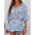 thumbnail image 2 of Top de verano para mujer, cuello en V, estampado, media manga holgada, cintura elástica, camisa de verano, Top Bule L, 2 of 8