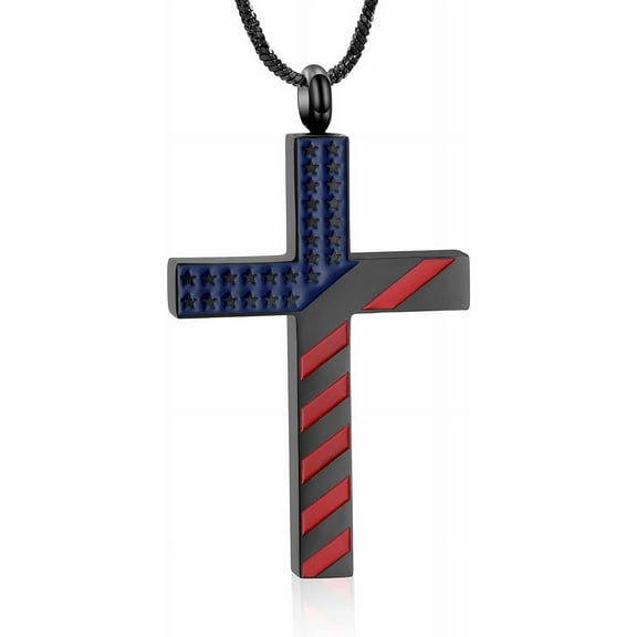 American Flag Cross Cremation Necklace for Ashes Stainless Steel Cross Pendant Urn Necklace Memorial Keepsake Jewelry for Men Women