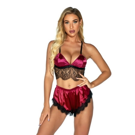

Women s Lace Trim Underwear Lingerie Straps Bralette and Panty Set Wine Red XXL