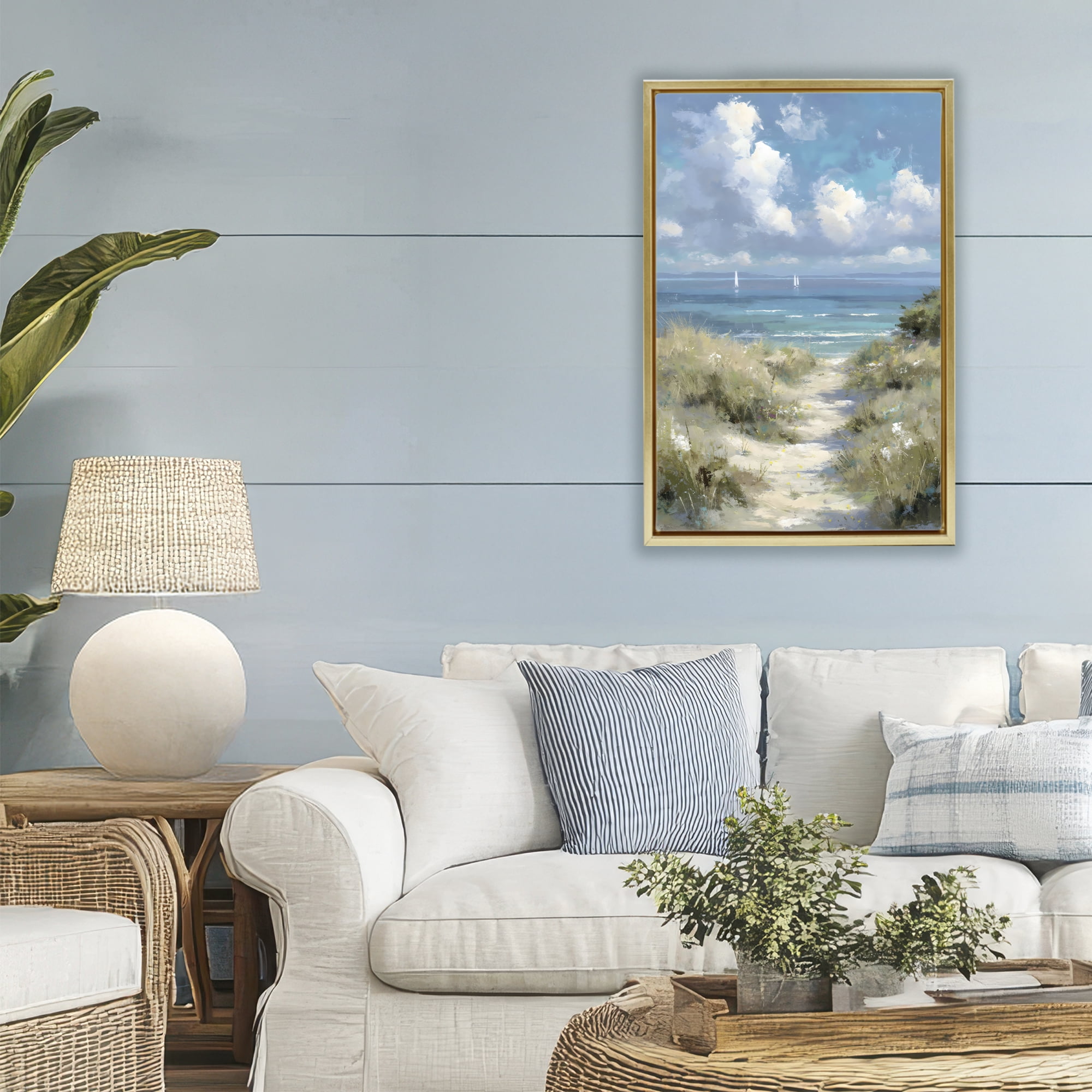 Stupell Industries Impressionist Clouds over Beach Path Gold Framed Floater Canvas Wall Art, design by Petal Prints Design