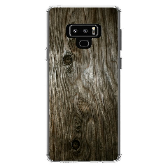 DistinctInk Clear Shockproof Hybrid Case for Samsung Galaxy Note 9 - TPU Bumper, Acrylic Back, Tempered Glass Screen Protector - Brown Weathered Wood Grain Print - Printed Wood Grain Image