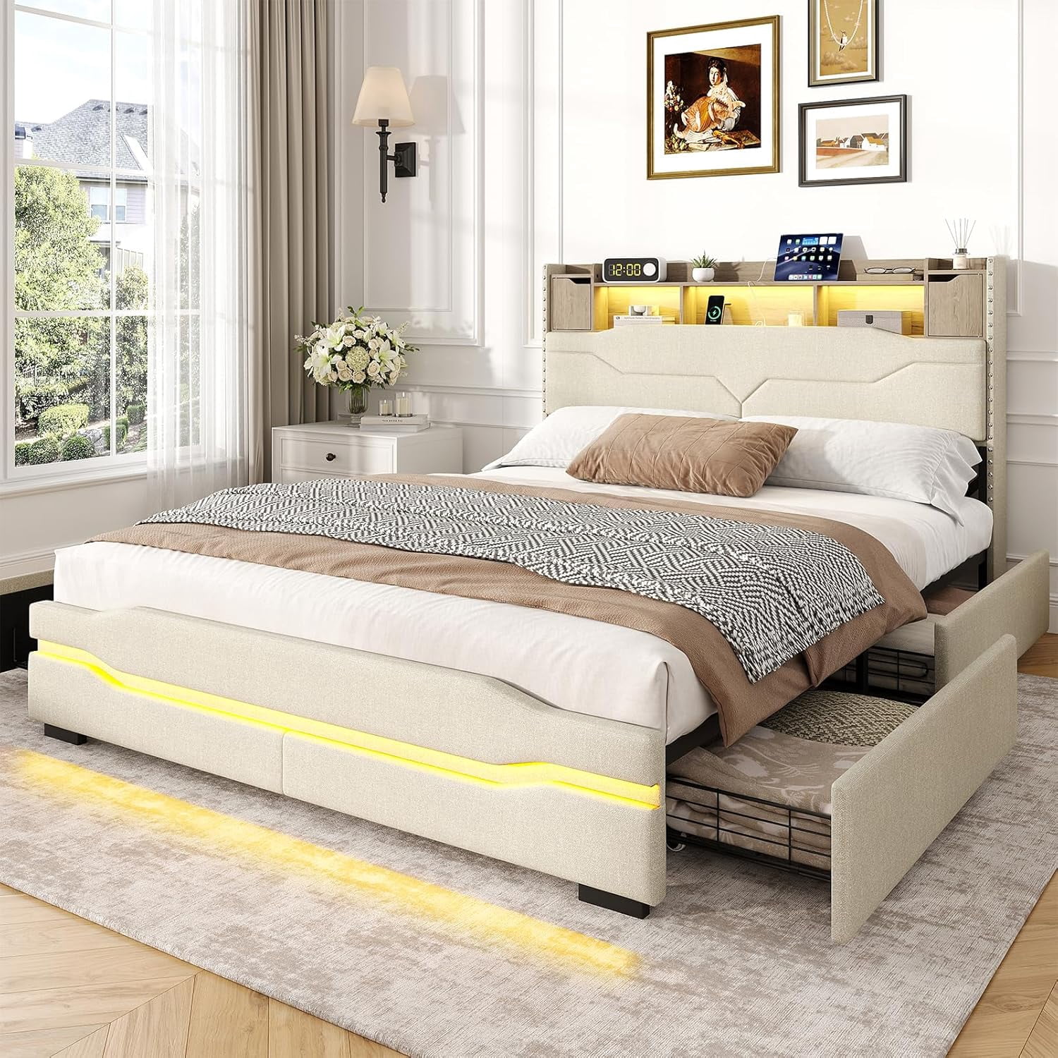 Vabches Queen Bed Frame with LED Lights & Charging Station, Upholstered Headboard Bed with 4 Large Storage Drawers & Metal Support Base, No Box Spring Needed