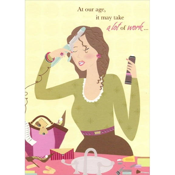 Designer Greetings Woman Curling Hair : A Lot of Work Funny : Humorous Feminine Birthday Card for Her : Woman : Women