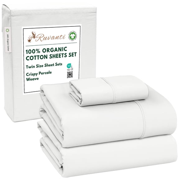 RUVANTI 100% Organic Cotton Sheets - Twin XL Sheet Sets - 3 Piece Percale Weave Bedding, Crisp, Cooling & Breathable, Soft & Durable, 16" Deep Pocket, Hotel Quality Sábanas - Silver Filigree