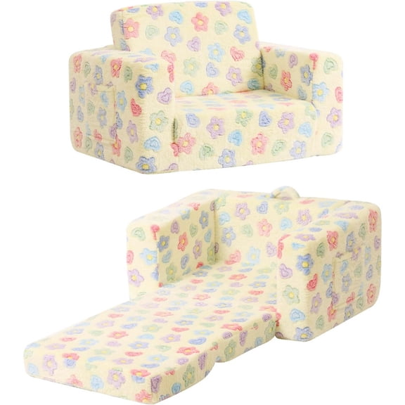 Kids Sofa Chair, Folding Children Sofa, 2-in-1 Fold-Out Plush Couch, Convertible Kids Armchair to Lounger, Comfortable Seating for Boys and Girls, Flower