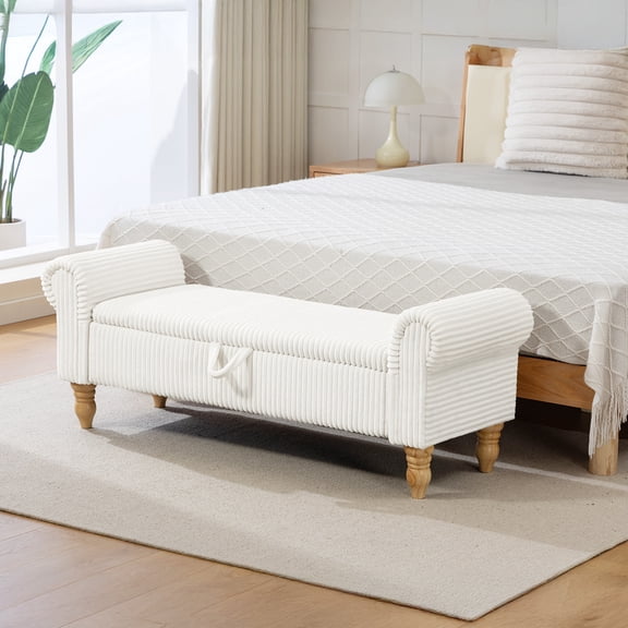 55''W Storage Bench for Queen Bed End of Bed, Mid-Century Corduroy Upholstered Bench with Rolled Armed, White