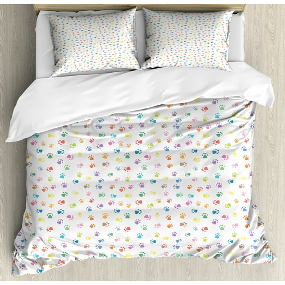 Cat Duvet Cover Set King Size, Footprints of Cats and Dogs Lively Colored Paws Friendly Animals Playful Characters, Decorative 3 Piece Bedding Set with 2 Pillow Shams, Multicolor, by Ambesonne