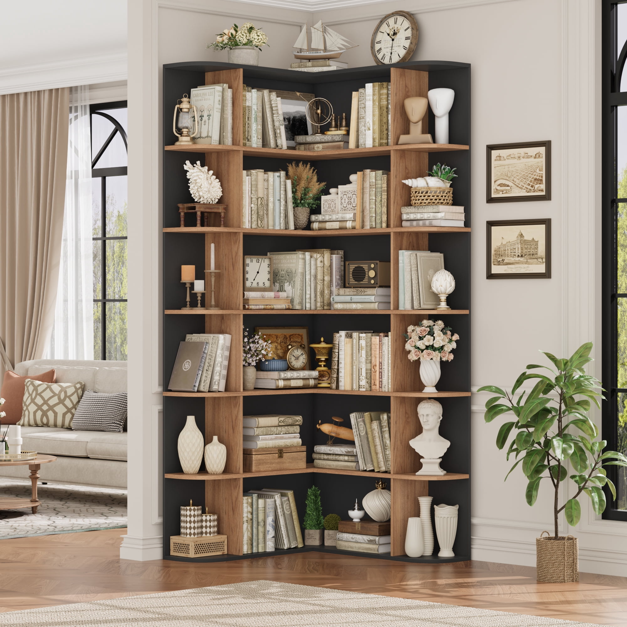 Homfa 73.9” Tall Corner Bookcase, 6 Tier L-Shaped Large Display Bookshelf with Curved Edges for Living Room Home Office Study, Black & Oak