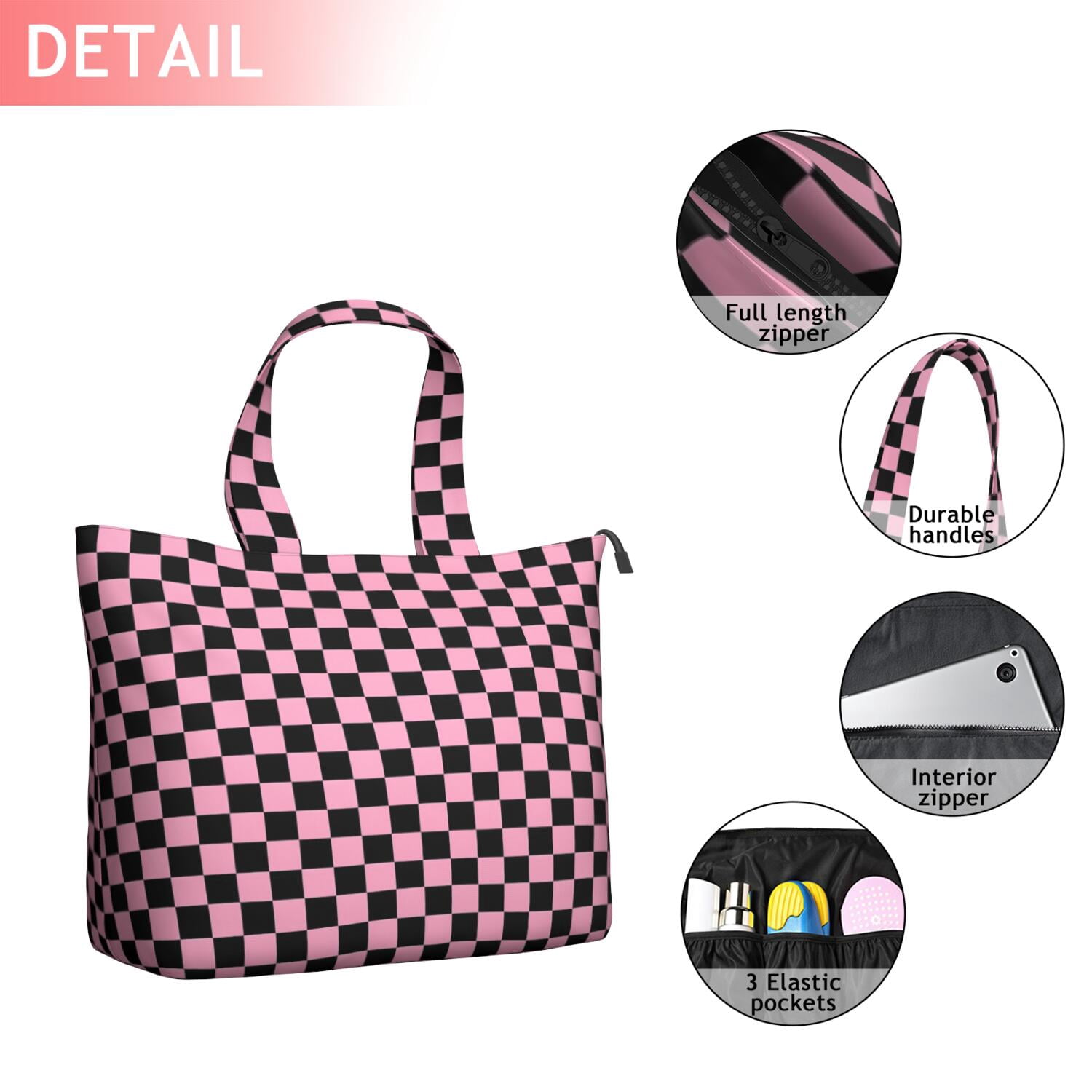Black and Pink Checkerboard Pattern Travel Tote Bags for Women Carry On,Large Weekender Bags for Women Travel,Multi Functional Duffle Bag for Work,Shopping,Sports