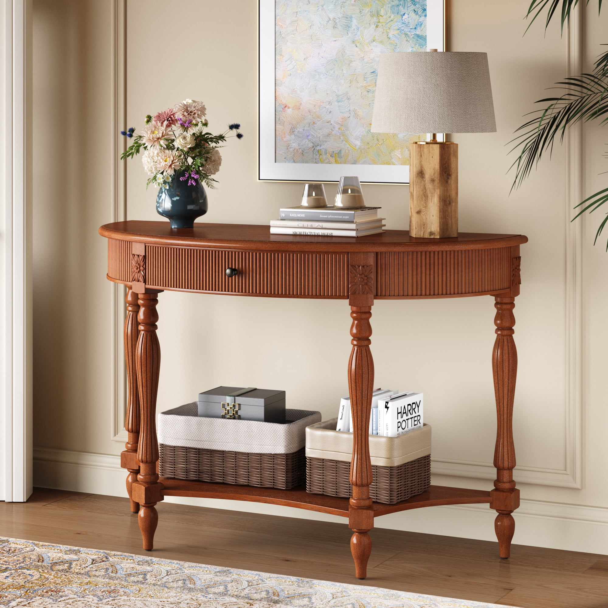 Solid Wood Half Moon Console Table with Drawer & Shelf, Fluted Vintage Curved Entryway Table for Hallway Living Room Foyer, Narrow Space Sofa Table with Roman Column Carved Legs, Rustic Brown