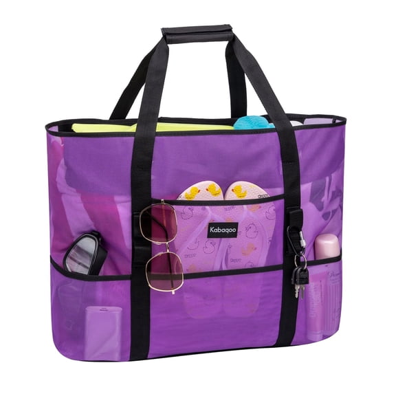 Kabaqoo Women Extra Large Mesh Beach Bag Shop Grocery Bag Picnic Lightweight Tote Bag with Zip and Pocket Purple