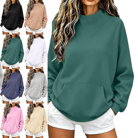 XRoczxe Women's Spring/Autumn Solid-Color Long-Sleeve Sweatshirt: Features a round mock-neck, dropped shoulders, a loose fit, a kangaroo pocket, and slightly fitted cuffs.