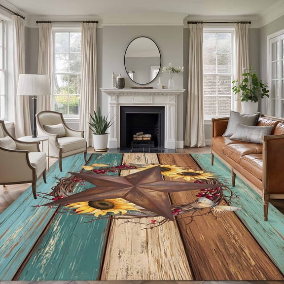 5'x7' Area Rugs for Living Room Bedroom, Country Star Vintage Washable Rug Carpet Runner Indoor Outdoor, Sunflower Farmhouse Teal Brown Western Berry Non Slip Floor Mats Area Rug for Kitchen, Nursery
