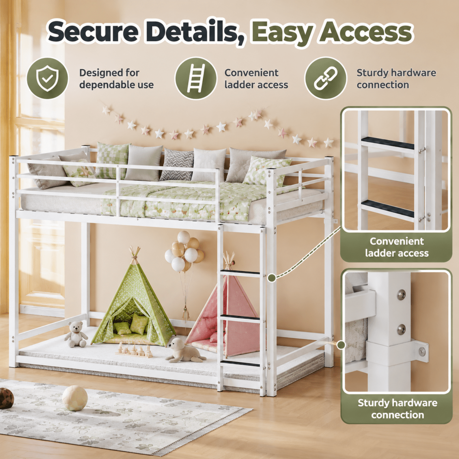 Miniyam Twin Over Twin Metal Bunk Bed with Full-Length Guardrails and Built-In Ladder, White