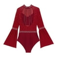 thumbnail image 6 of TiaoBug Women Gymnastics Leotard Flare Sleeve Backless Rhinestone Skating Bodysuit Dancewear Burgundy M, 6 of 7