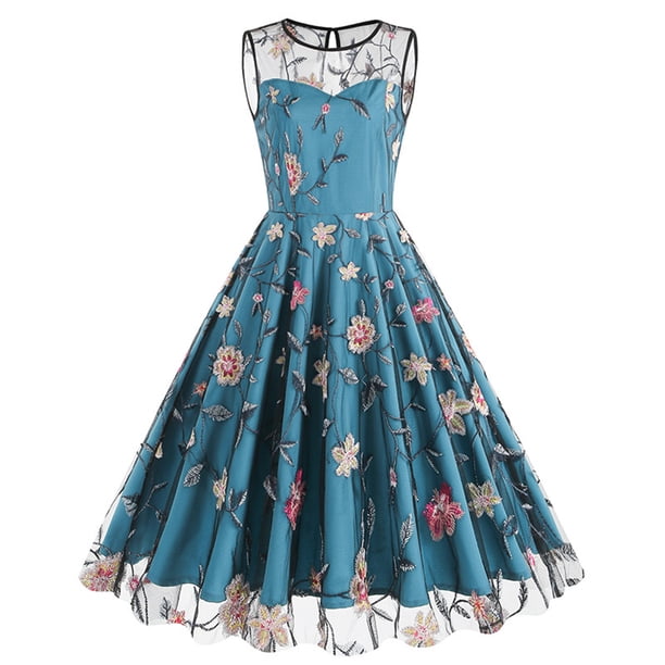 Vestido de Verano Sexy de la Moda de las Mujeres, Casual sin Mangas Cuello Redondo Impreso Vestido de Ruffle de Ajuste Delgado con Cinturón para la Fiesta Y el Uso Diario