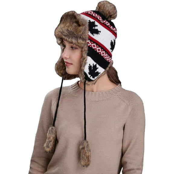 AKcxy Womens Winter Knit Beanie Hat Ladies Fur Pom Poms Ears Warm Slouchy Snow Ski Cap Fleece Thermal Ushanka Trapper Hat