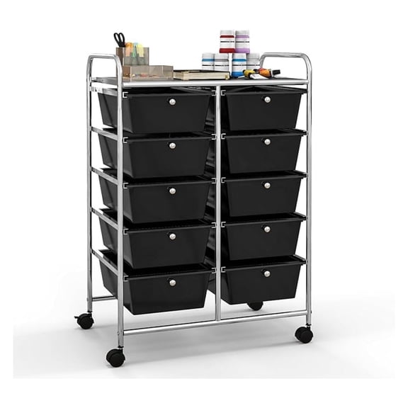 WDZS 10 Drawers Rolling Cart, Classroom Organizers, Storage Cart with Wheels, for Teacher Office Home School Supplies Tool Craft Art Paper, Black