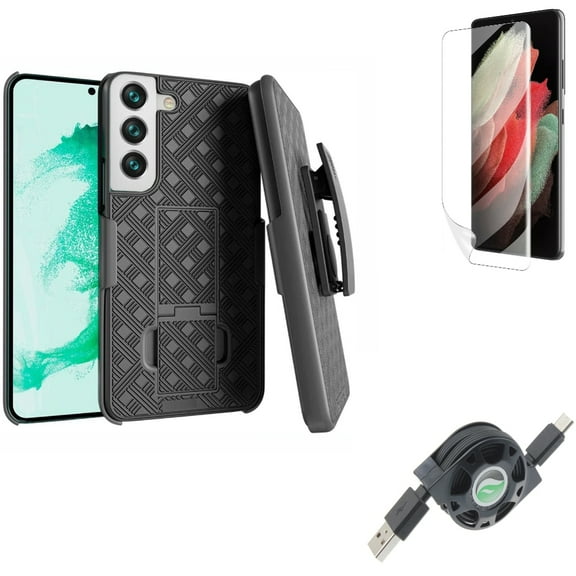 Case Belt Clip & Matte Screen Protector & USB Cable for Samsung Galaxy S22 Plus (S22 ) - Combo Holster Swivel Cover & TPU Film Anti-Glare & Retractable Type-C Charger